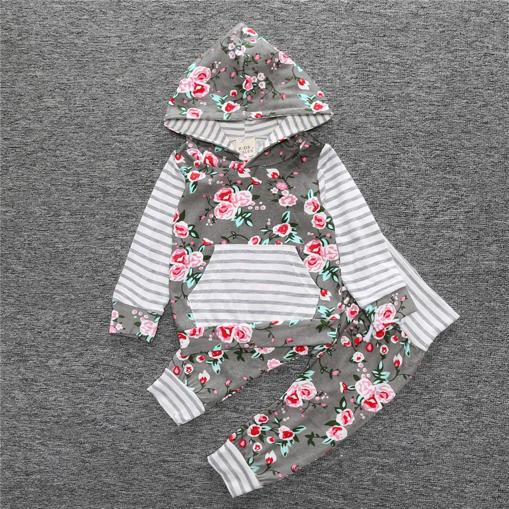 

Toddler Girls Boutique Clothing Sets Baby Outfits Baby Girls Floral Hooded Outfits, Gray