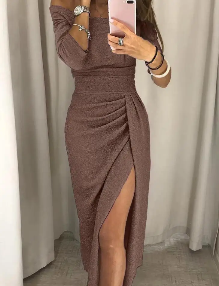 Amazon hot sales Dropshipping Clothing Fashion Off Shoulder Midi Dress Sexy Women Dresses Sparkling dress