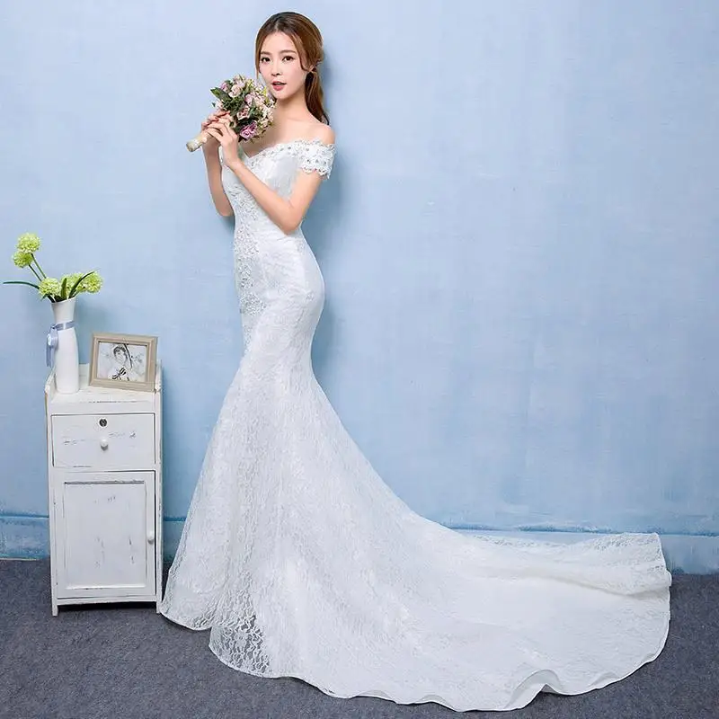 

OEM wholesale New bride single word shoulder trailing lace D209 Korean style simple slim fishtail style wedding dress