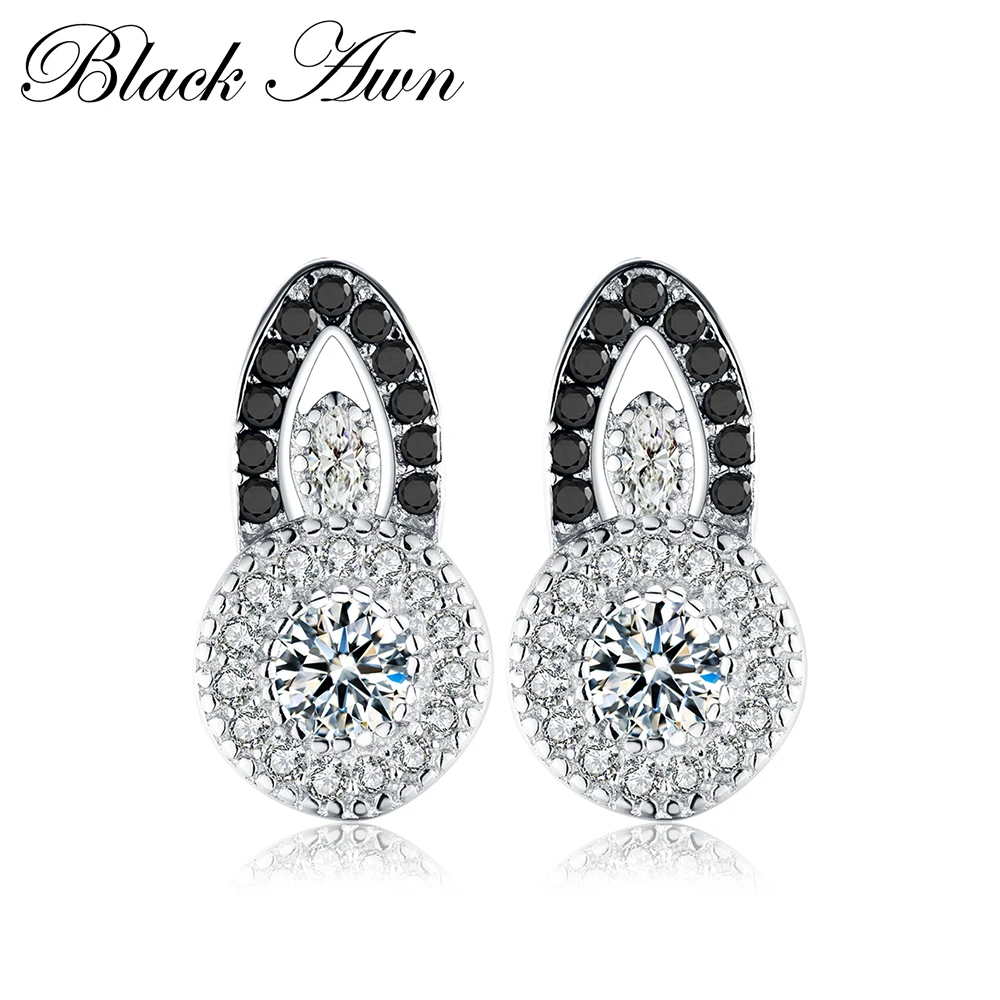 

[BLACK AWN] Genuine 925 Sterling Silver Fine Jewelry Trendy Wedding Stud Earrings for Women Female Earring T002