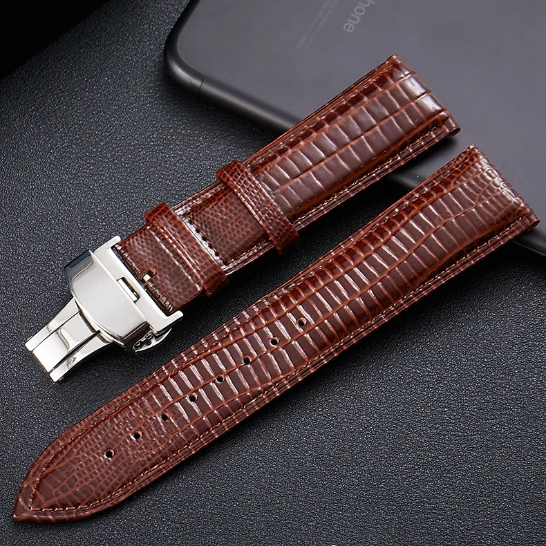 

Foreign trade Hotsale crocodile Genuine leather pattern watch strap butterfly buckle watch belt lizard pattern Drop shipping, Black;brown