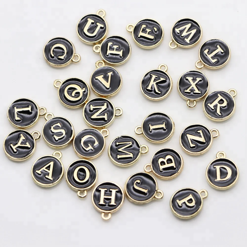 

15*12mm DIY Alloy Bracelet Accessories White Enamel Small Alphabet Pendants, Metal Initial Charms, Round Gold Plate Letter Beads, Same with photo,accept customize color