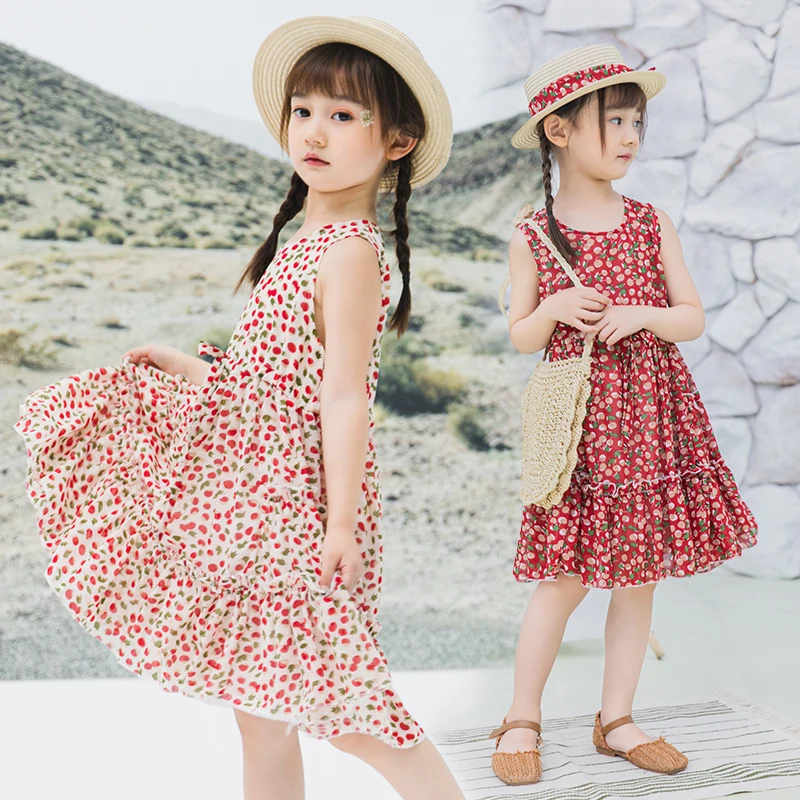 

Summer Girls Chiffon Printed Dress Kids O-neck Sleeveless Beach Casual Dress With Headwear