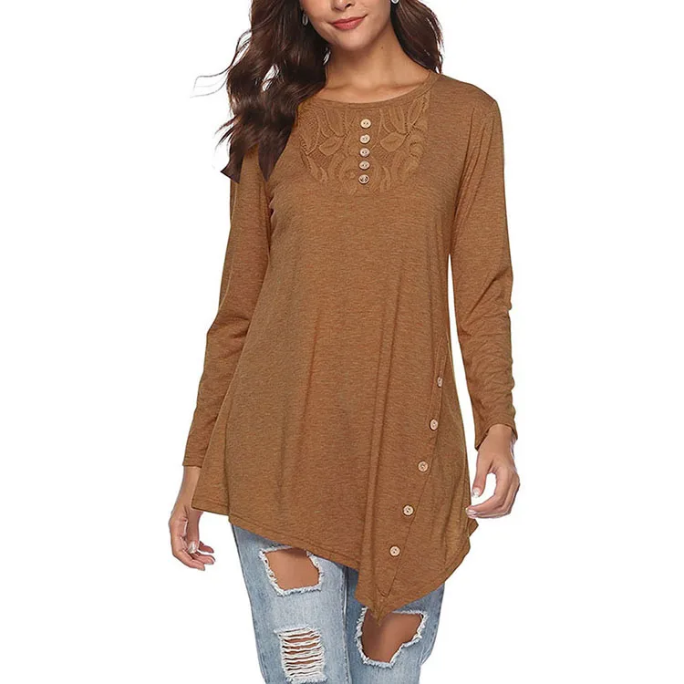 

Simple Khaki O Neck Long Sleeves New Fashion Women Lace Blouse, As show