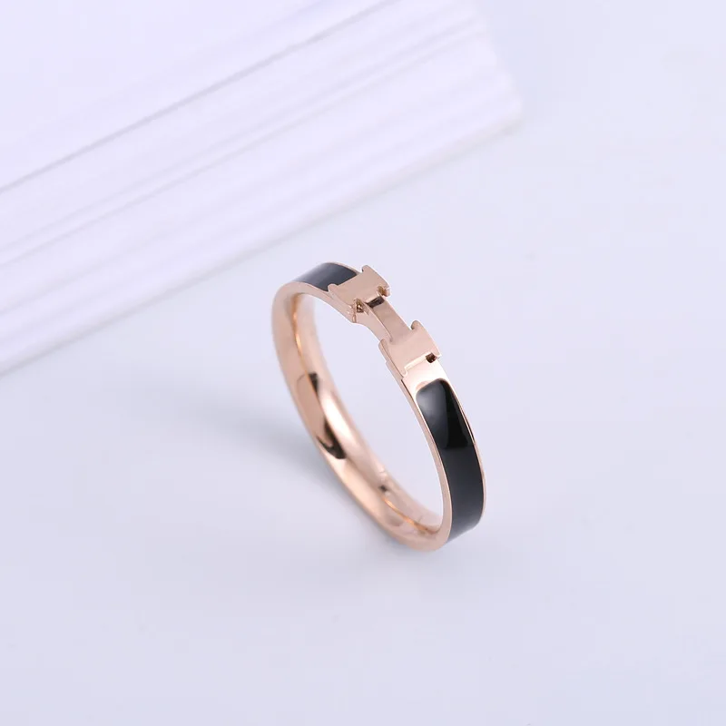 

Hot Sale Design 316 Stainless Steel Rose Gold Black Ring Letter H Shape Rings For Women, Picture