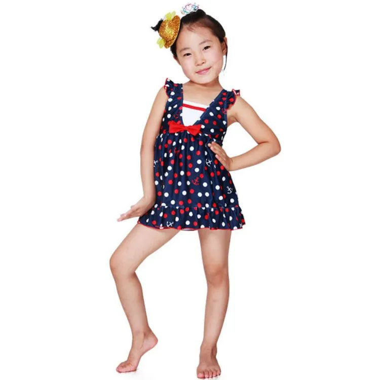 

Dropshipping Low Price Save Navy color and white spots sailor kids swimwear for girls, Blue