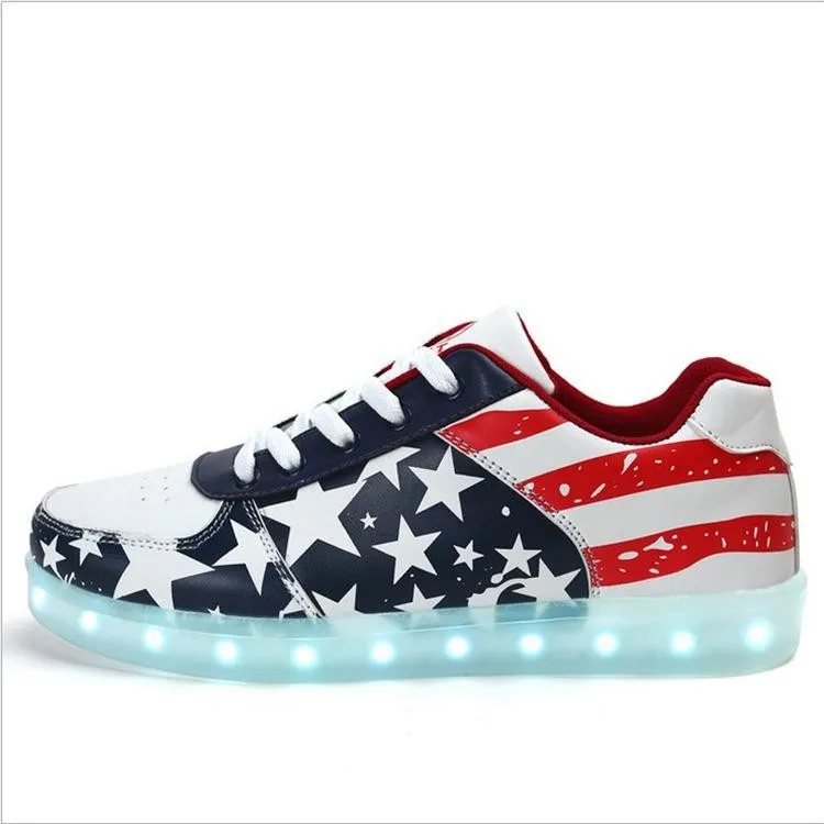 

New model flat sole cool sneaker, American flag Simulation Flashing Light Shoes, Men's Led Shoes, Red,blue