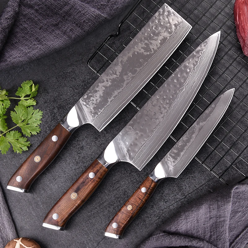 

3pcs Professional 67 Layers VG10 Damascus Kitchen Knife set, Metal color