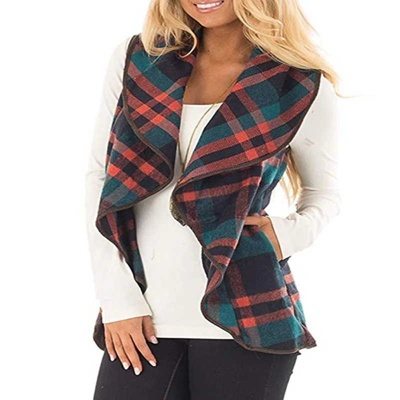 

Women Waistcoat Vest Sleeveless Jacket Coat Plaid Vests With Pockets