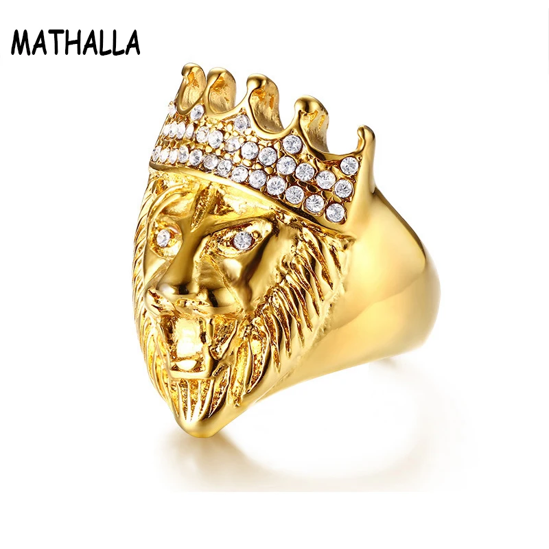 

Punk Jewelry Men Lion Head Ring Stainless Steel Crown Ring with Crystal Rhinestone Gold Ring Homme