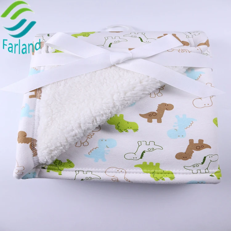 

Cute little dinosaur print boy cotton and sherpa baby blanket