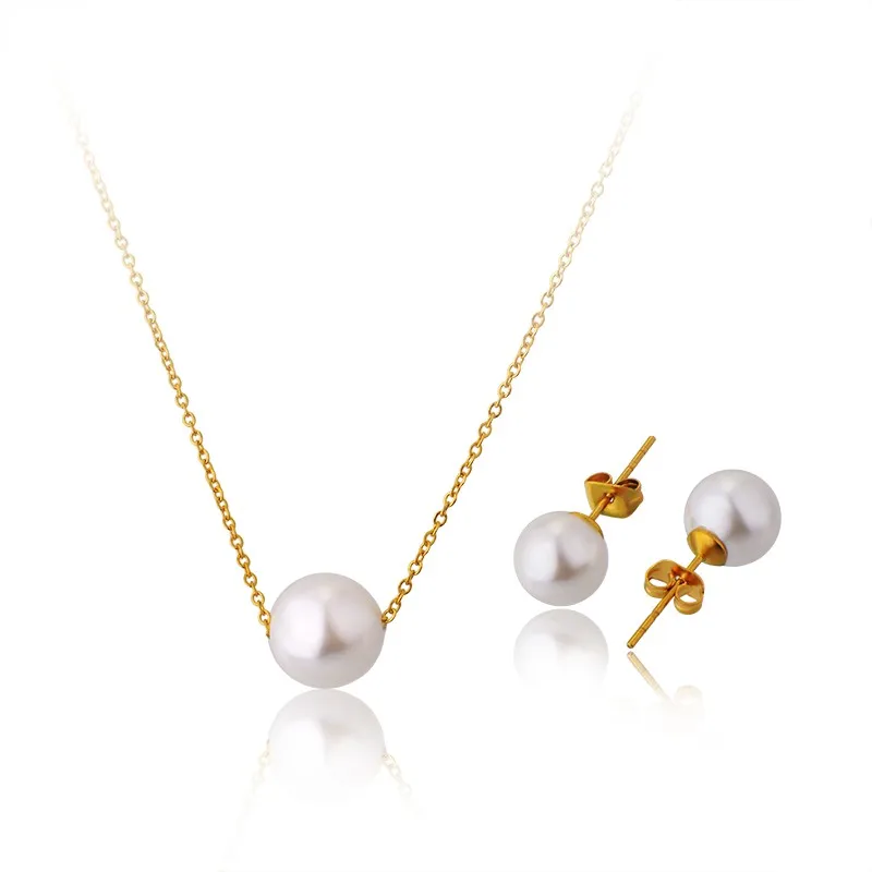 

BAOYAN Classic Cheap Stainless Steel Big Round White Pearl Jewelry Set Gold Plated
