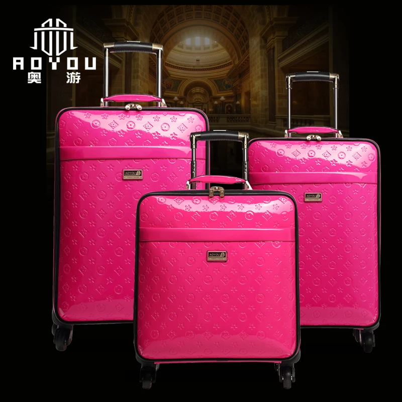 

3pcs 16/20/24 inch Pu leather Trolley luggage set fashion luggage suitcase Travel luggage suitcase, Rose red orange blue