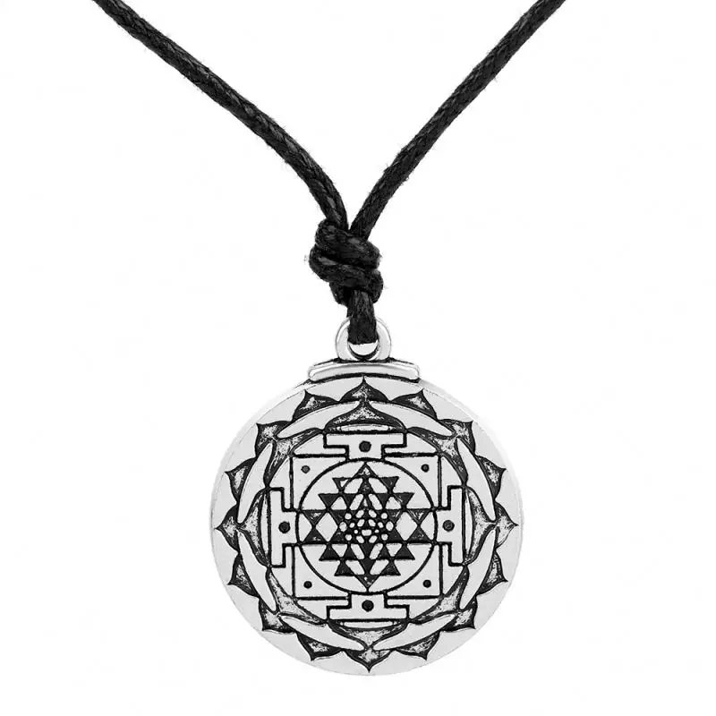 

Hindu Goddess Sri Yantra Wiccan Pagan Men Sacred Geometry with Link Chain Mandala Chakra Yoga Pendant Necklace Jewelry, Antique silver