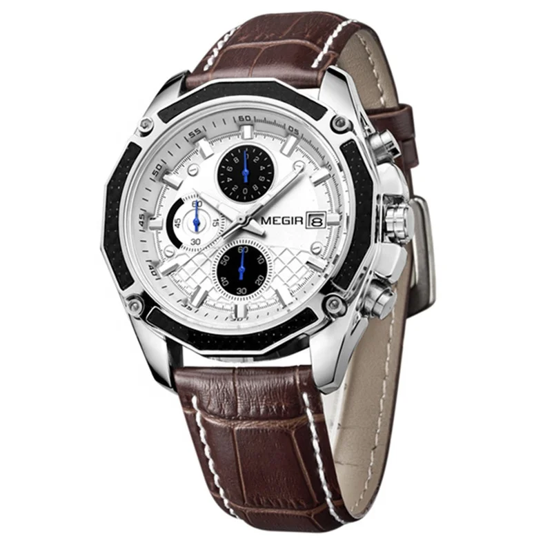 

2020 stock ready to ship megir sport with calendar chronograph alloy man watch leather wristwatch
