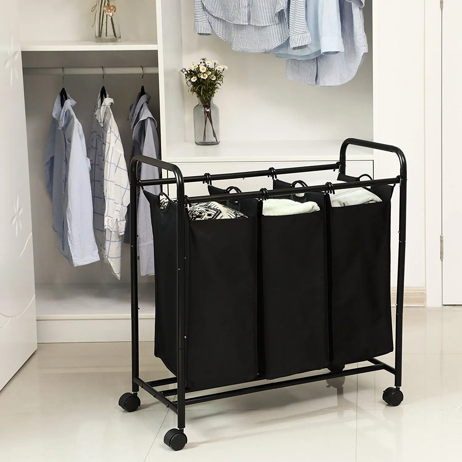 Hot Selling Household Dirty Laundry 3 Sections Cloth Laundry Cart With