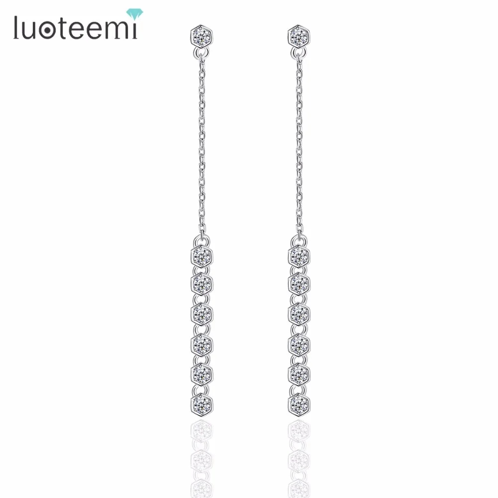 

LUOTEEMI Women Silver Color Classic 7pcs Round Cut Cubic Zirconia Statement Link Chain Drop Earrings For Female Dangle Earrings