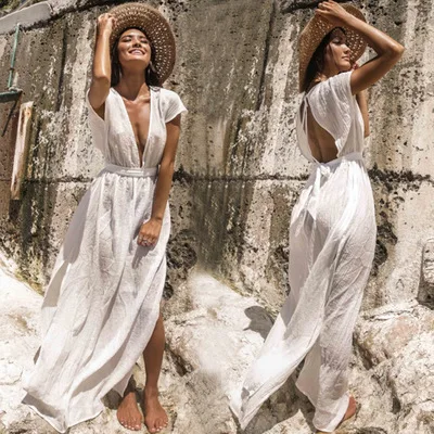 

Summer Ladies Beach Wear Cover up Swimwear Bikini Lace Long Maxi Beach Dress, White