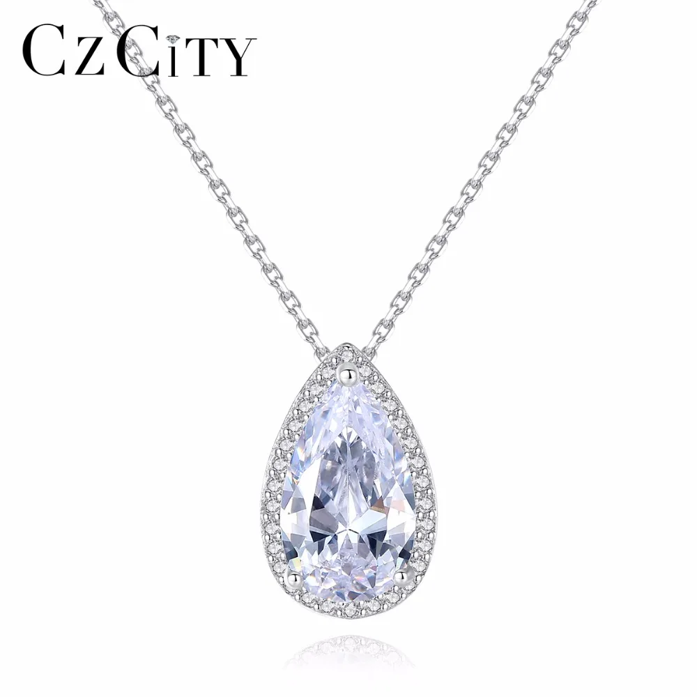 

CZCITY Top Popular Simple Waterdrop Shaped Sliver Pendant Necklace With Big Clear CZ Crystal For Women Anniversary's Gift