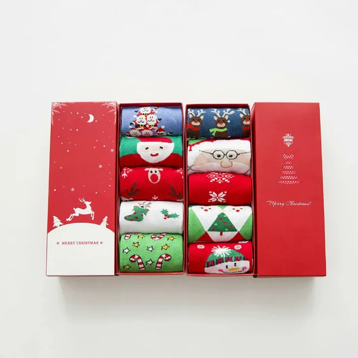 
Gift custom packing wholesale 5 pairs in gift box women mens winter santa merry christmas socks  (60359919870)