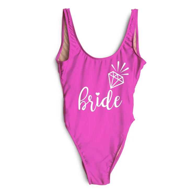 

Sexy BRIDE Letter Print One-Piece Swimsuit Bathing Suit Women Backless Monokini Bodysuit Cut Out Swimwear Beach Swim, Picture or customized