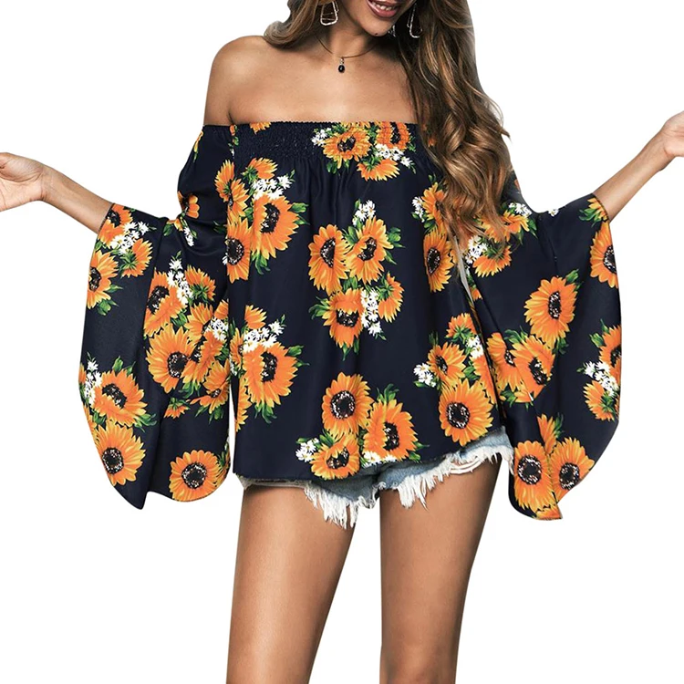 

Hot Sale Sunflower Printing Off Shoulder Tops Latest Tops Designs Girls, Blue