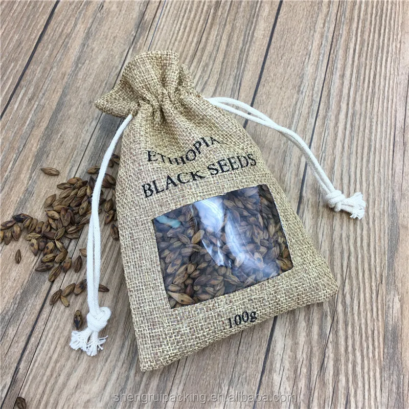 黄麻袋咖啡豆,黄麻袋透明 pvc 窗口,黄麻抽绳包装袋