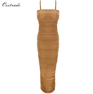 Ocstrade New Arrivals Summer Sexy Party Long Bodycon Bandage Dress Tan Ruched Organza Mesh Dress
