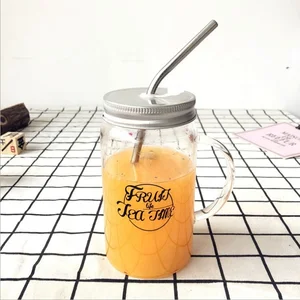Image of ALiiSAR Wholesale Glass mason jar with handle metal lid and Plastic Stainless steel Straws