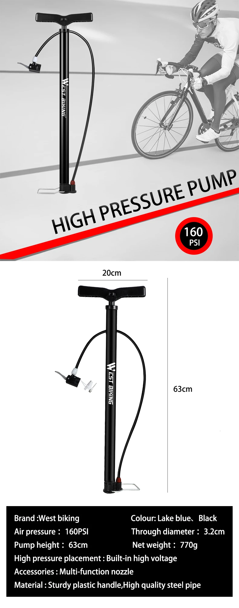 West Biking 120/160 Psi Cycling Air Pump Steel Body Portable Cycling