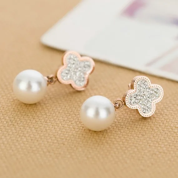 

Hot Products Beautiful Design CZ Crystal Jewelry Stainless Steel Imitation Pearl Earrings for Girl Women