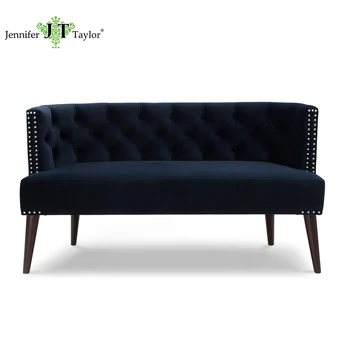Modern Upholstered Tufted Navy Blue Rivet Two Seat Settee Sofa