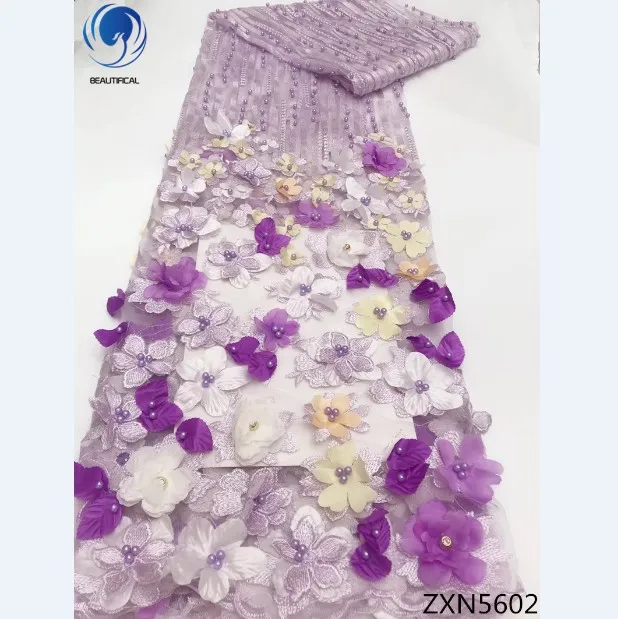 

Beautifical Multi-color Flower 3d Lace Fabric Bridal Embroidered Tulle Lace Fabric African Net Lace with Beads ZXN56, 8 diffenrent color available