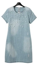 2016 Summer style Loose Short Sleeve Women Denim Jeans Dress O Neck Washed Beaded Elegant Evening Party Lady Dresses 4XL 5XL D44