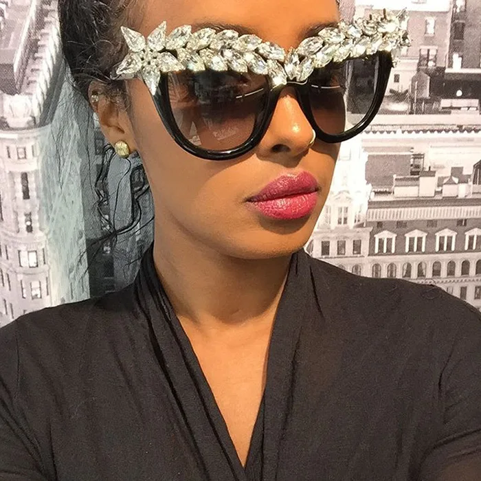 

fashion luxury rhinestone cat eye sunglasses 2019 ladies crystal sunglasses large size frame sun glasses (KSG030), 6 colors