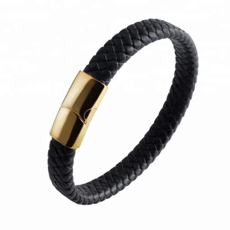 

China Marketplace Custom Jewelry Gold Magnetic Bracelet Men Leather Bracelet, Black;blue;grey leather