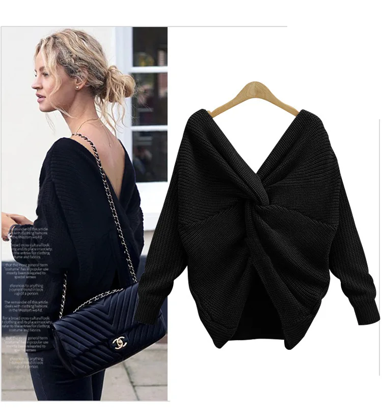 New 5 colors fashion ladies V-neck cross knotted open back long-sleeved sweater