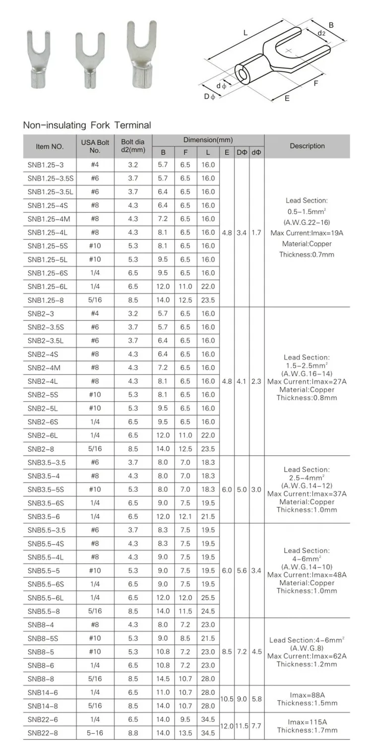 Snb Bare Auto Electrical Furcate Noninsulated Fork Terminal Lug Sizes