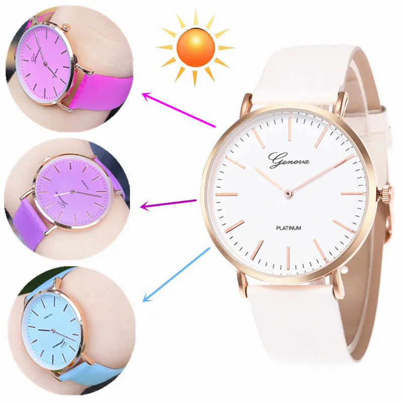 Fashion Temperature Change color women Quartz Watches in sunshine for lady Students with PU Leather Strap