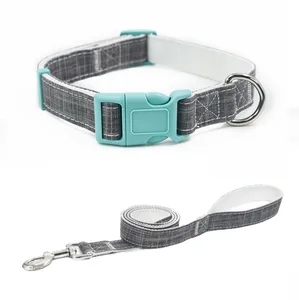 Image of Wholesale Cheap Soft Bamboo Fiber plaid Custom Pet dog leash and collar set