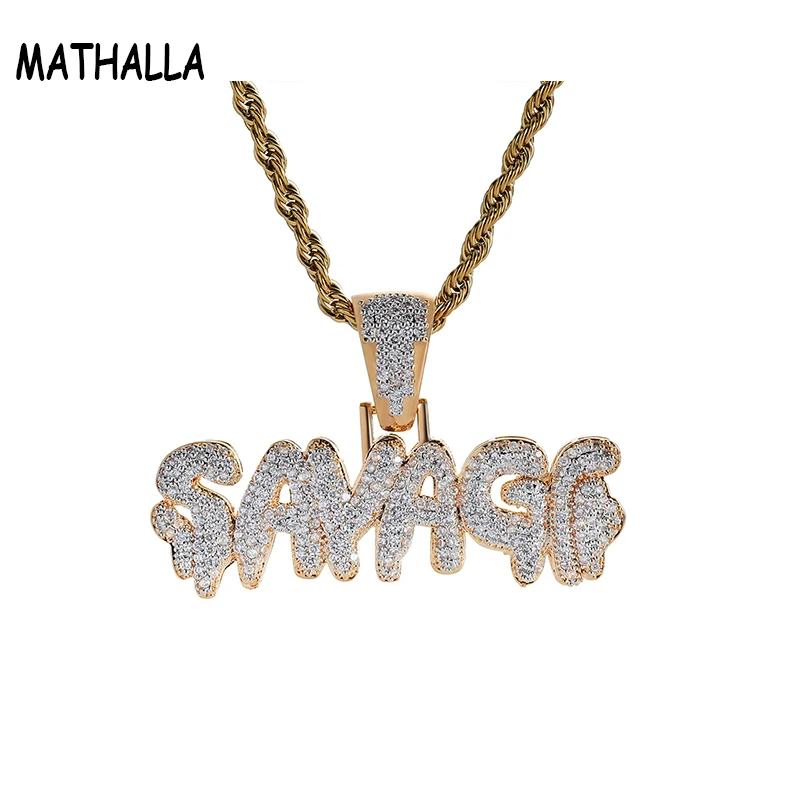 

Hiphop Jewelry 2018 Micro Pave CZ Zircon Stone Pendent Iced Out Diamond Rap Charm Braided Steel Chain SAVAGE Letter Necklace, As picture