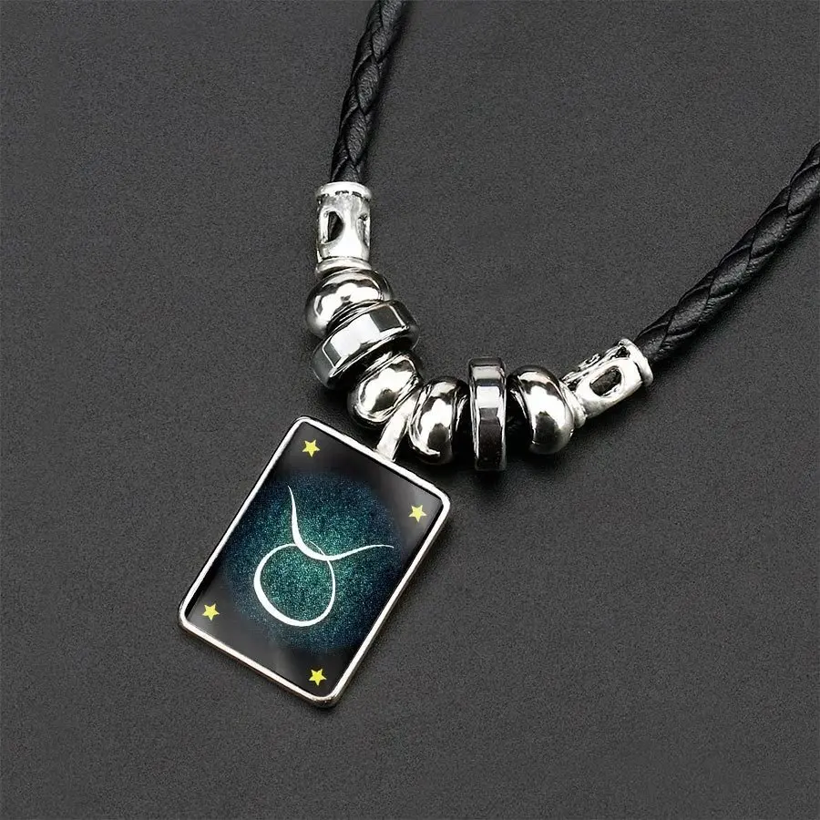 

Fashion 12 Twelve Pendants Necklaces Zodiac Designs Glass Jewelry-Symbol ZNS-03, Silver