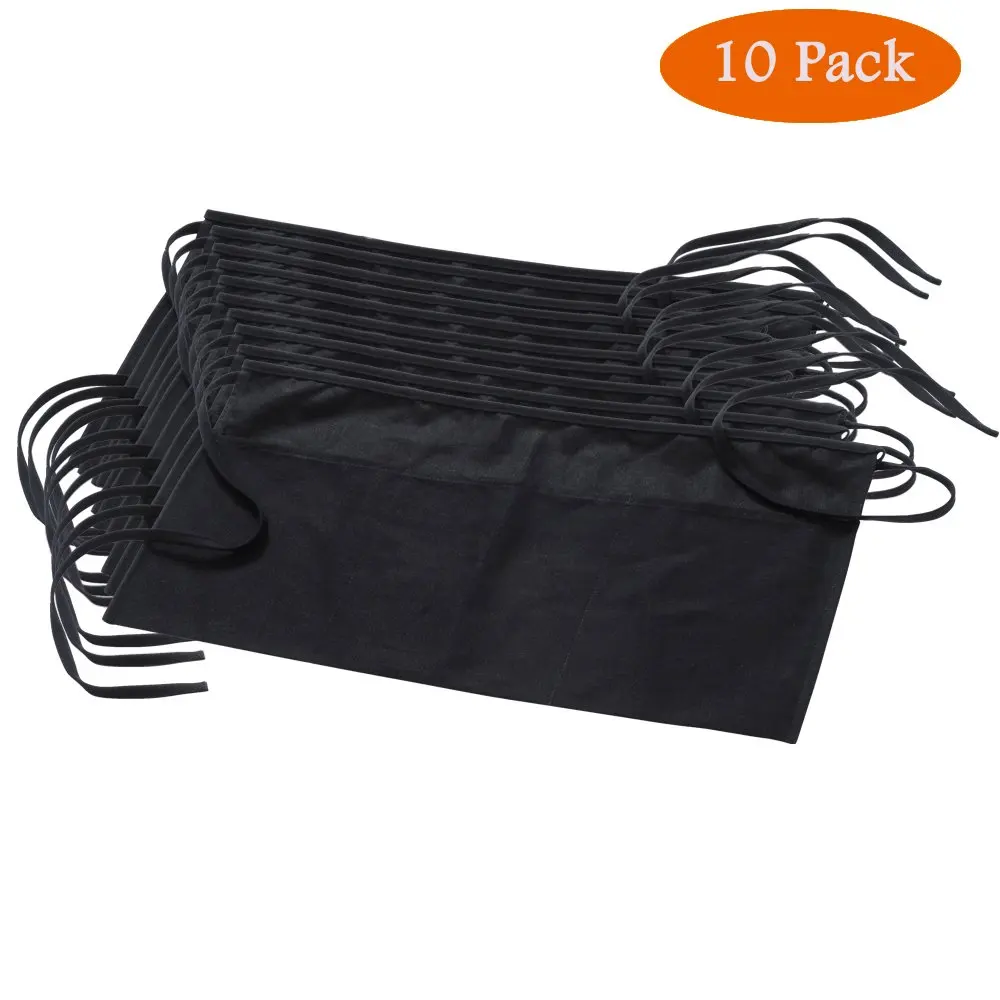 Hotis Black 3 Pockets Waist Apron Restaurant Servers Waitress Half Aprons Bartender Apron Money Apron Check Holder Kitchen Waist Apron, 10 Pack