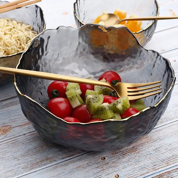 Unique Smoking Gray Glass Salad Bowl With Golden Line Housewares High
