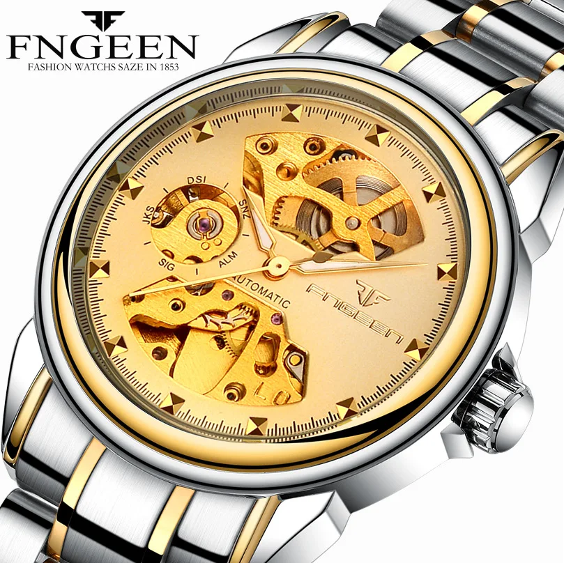 

Fngeen Waterproof Double-Sided Hollow Golden Skeleton Business Couple Gift Automatic Mechanical Watch, As the picture