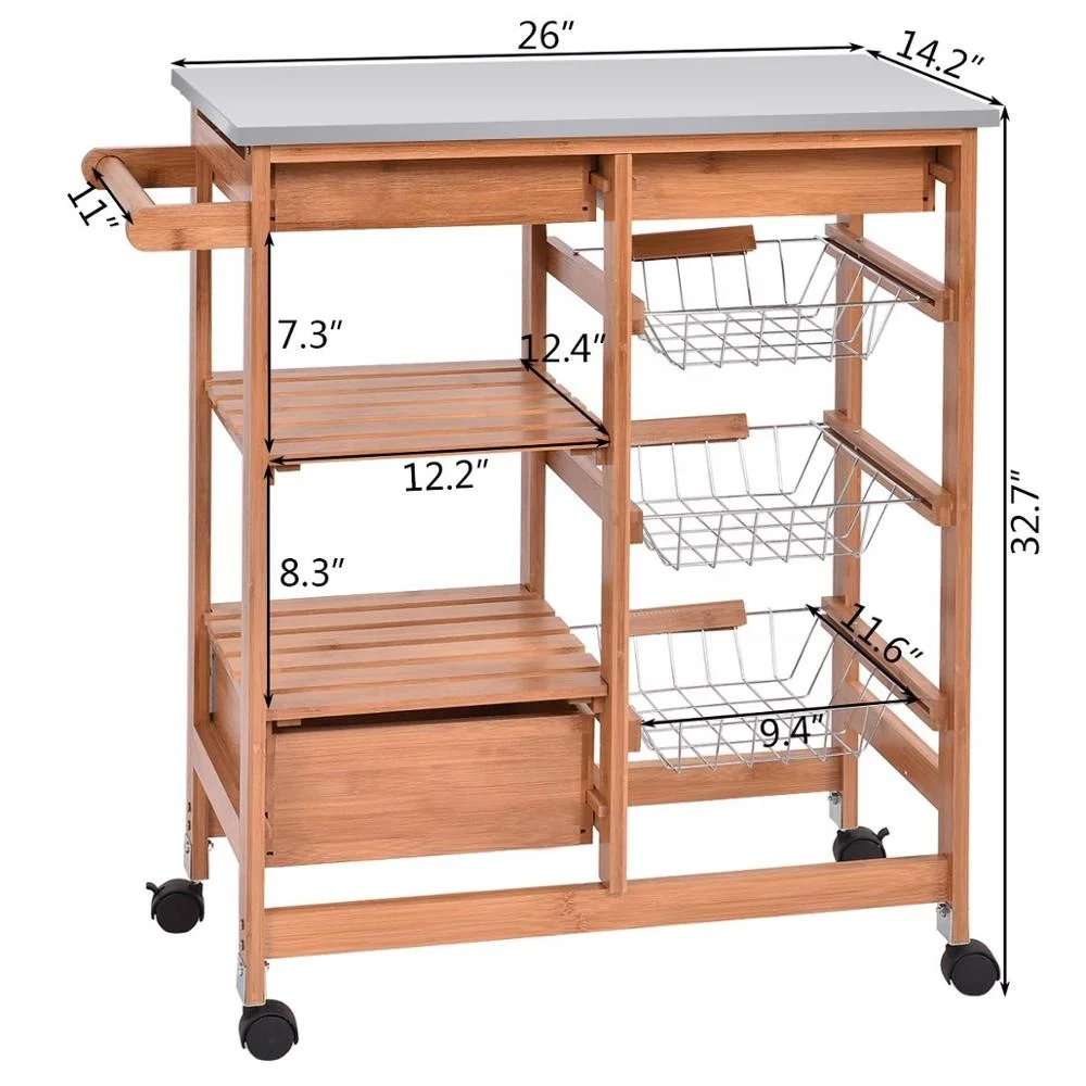 
Luxury stainless steel top bamboo kitchen cart with drawer basket towel rack 