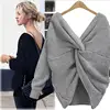 2018 New 8 colors V Neck Twisted Back Sweater Women Jumpers Pullovers Long Sleeve Knitted pull femme Sweater