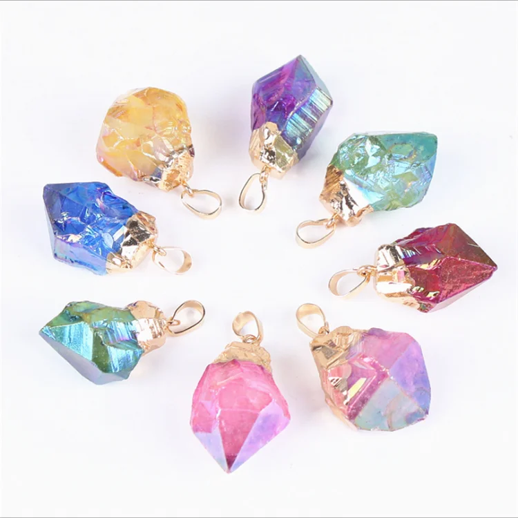 

Wholesale Crystal Aura Point Stone Pendant Gold Plated Faceted Crystal Point Aura Quartz Pendant, Multi color