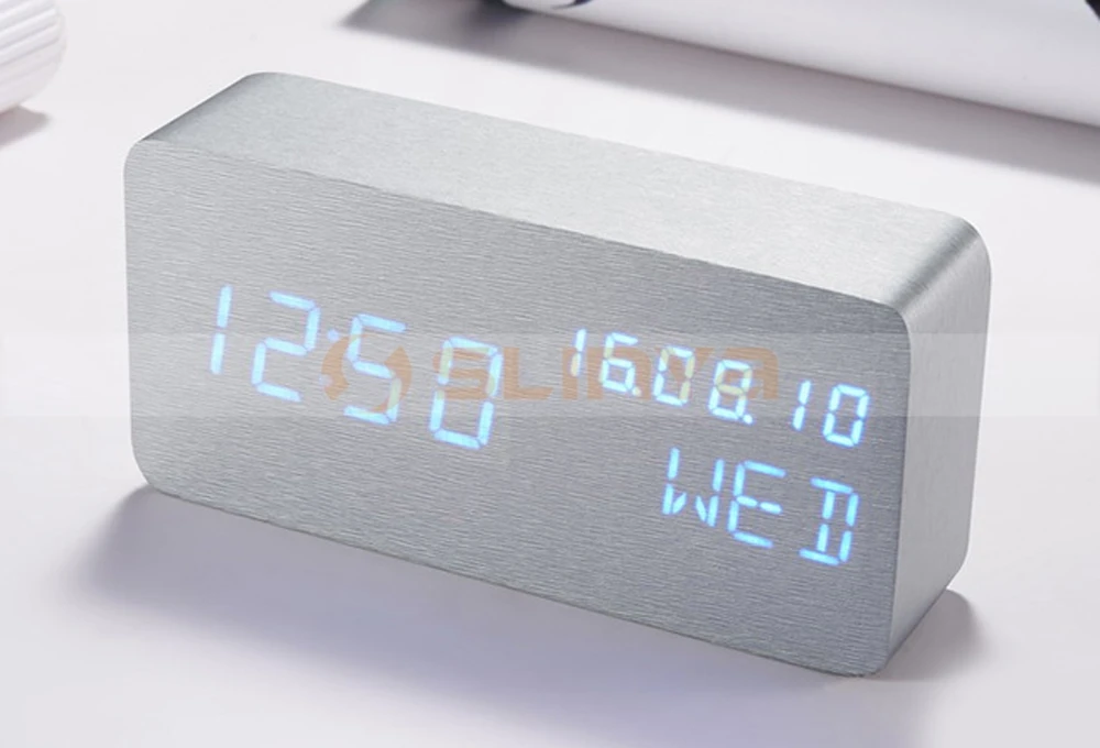 Mini Led Table Clock Multistyle Wooden Digital Clock With Week Display