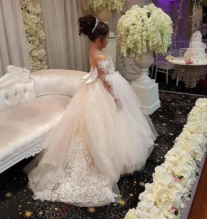 

Elegant Ball Gown Flower Girls Dresses For Weddings Sheer Neck Long Sleeves Applique Lace Tulle Children Wedding Dresses, Customized